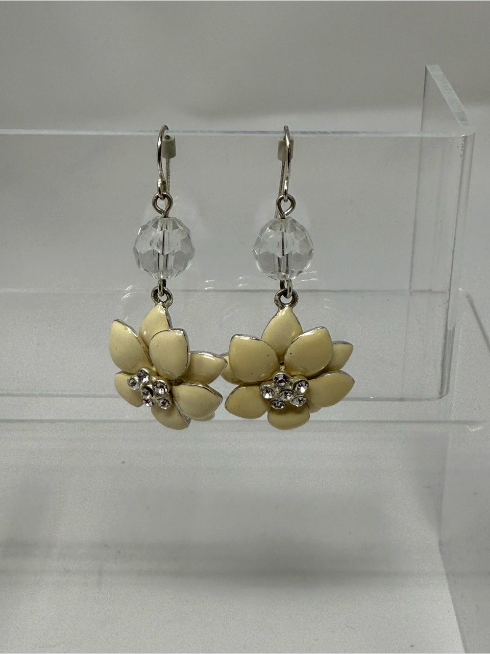 Cream Colored Flower Drop Earrings with Crystal Accent